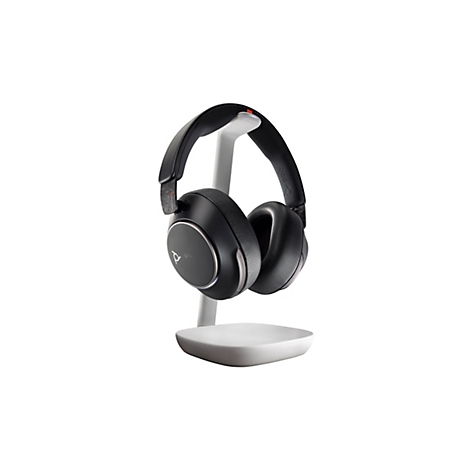 Schwarzer Kopfhörer auf einem weißen Ständer, mit Logo und silbernen Details. Rückseite des Kopfhörers mit rotem Akzent.