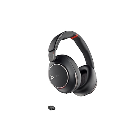 Schwarzer Over-Ear-Kopfhörer mit rotem Akzent und USB-Empfänger, isoliert vor weißem Hintergrund.