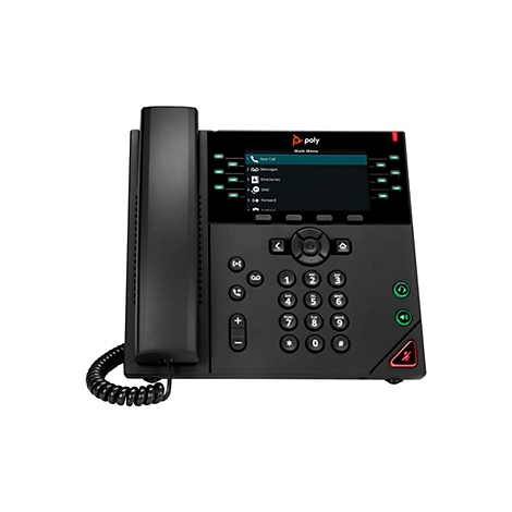 Schwarzes Poly-Tischtelefon, vor weißem Hintergrund. Mit Display, Tastenfeld und Hörer.