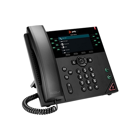 Schwarzes Poly-Tischtelefon mit Display und Zifferntasten. Auf dem Bildschirm: Menü mit Anruf-, Nachrichten- und Verzeichniseinstellungen. Schutzmarke Microban.