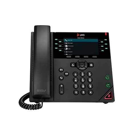 Schwarzes Poly-Telefon mit Display und vielen Tasten. Das Display zeigt Optionen wie "Neuer Anruf" und "Nachrichten". Auf dem Telefon sind weitere Knöpfe und ein Hörer zu sehen.