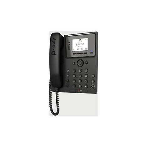 Schwarzes Poly-Telefon mit Display, Hörer und Schnur. Auf dem Display sind Uhrzeit und Symbole abgebildet.
