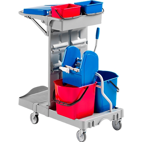 Cleaning cart with buckets, mop press, and cleaning solution containers.