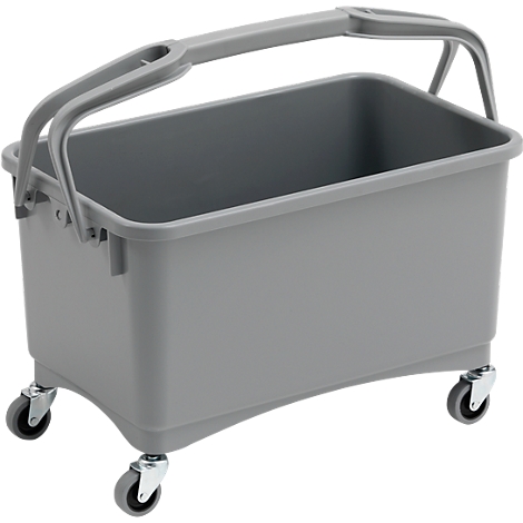 Gray rectangular mop bucket with handle and wheels. Brackets for the handle are attached to the sides of the bucket.