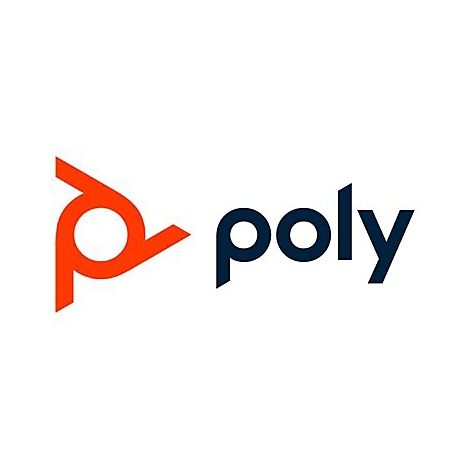 Logo der Firma Poly: Orangefarbene Form, Buchstaben poly in dunkelblau.