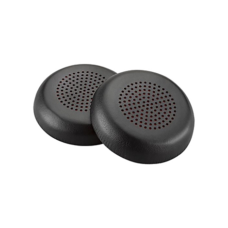 Deux coussinets d'oreille noirs pour casque, posés l'un à côté de l'autre. L'intérieur est rouge avec de petits trous.