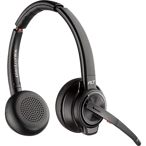 Black Plantronics headset with microphone. The headband reads "Plantronics" and the earpiece reads "PLT".