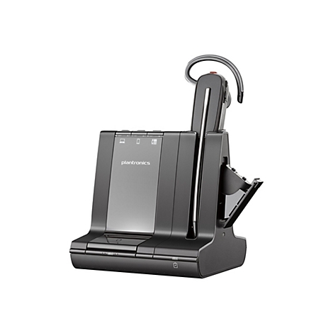 Drahtloses Headset mit Ladestation. Das Headset ist auf der Ladestation angedockt. Das Plantronics Logo ist deutlich sichtbar.