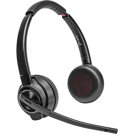 Black headset with microphone, brand "Poly". The headband and ear cup are padded. The Poly logo can be seen on the ear cup.