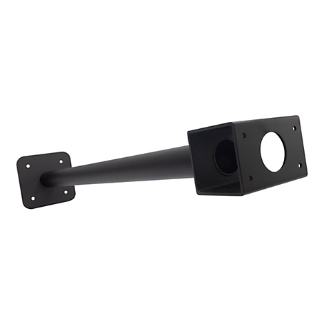 Support en métal noir. Il se compose d'une base carrée avec quatre trous, d'un bras conique et d'une tête rectangulaire avec un grand trou et d'autres trous.