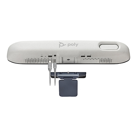 Un appareil de visioconférence Poly blanc avec caméra attachée. L'appareil a une forme ovale avec des ports et le logo Poly.