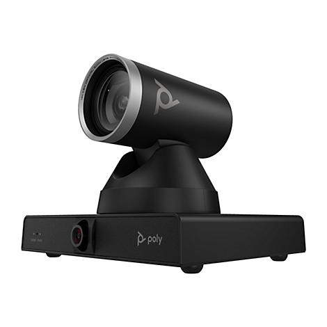 Schwarze Videokonferenzkamera mit silbernem Rand und Poly-Logo. Aufschrift "4K 12X OPTICAL ZOOM LENS".