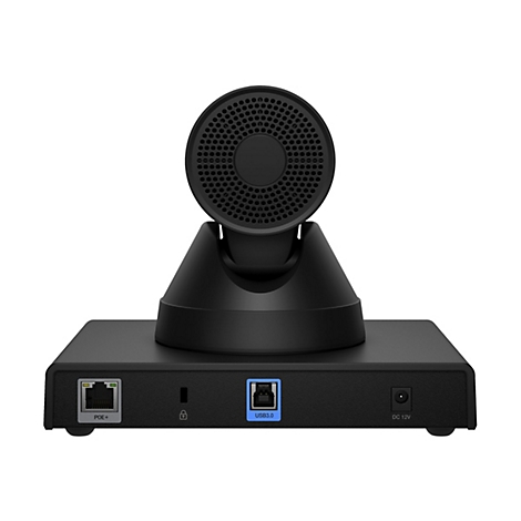 Caméra de visioconférence noire avec fentes d'aération circulaires et port USB 3.0. Sur fond blanc.