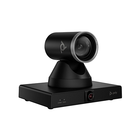 Schwarze Videokonferenzkamera mit rundem Objektiv und Poly-Logo. Aufschrift: Standby, Power.