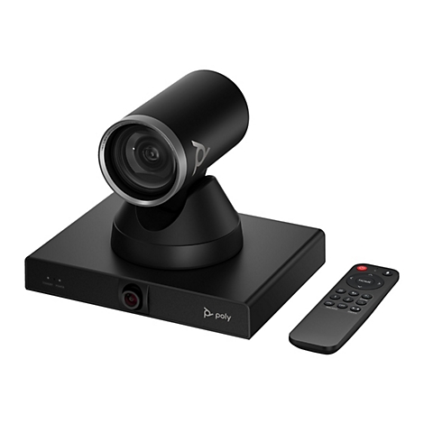 Caméra de visioconférence noire avec télécommande. La caméra a une forme cylindrique, montée sur une base rectangulaire. Veille et alimentation sont indiqués sur la base.