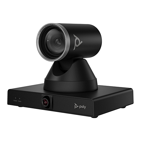 Caméra de visioconférence noire avec objectif. Inscription : Poly. Avec indicateur de veille et d'alimentation.