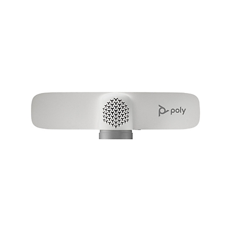 Draufsicht auf ein weißes Poly-Gerät. Auf der rechten Seite befindet sich das Poly-Logo. In der Mitte ist ein schwarzes, sechseckiges Muster zu sehen.