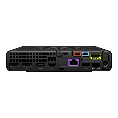 Vue détaillée d'un mini PC noir. L'avant comporte des fentes d'aération et divers ports. L'arrière montre plus de ports, dont HDMI et USB, ainsi qu'un connecteur d'alimentation.