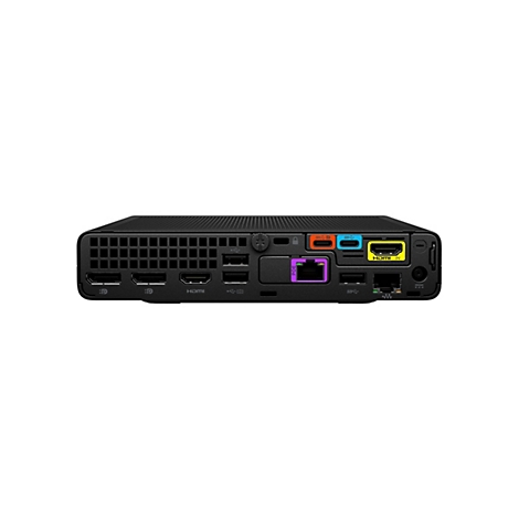 Die Rückseite eines schwarzen Mini-PCs mit einer Vielzahl von Anschlüssen. HDMI-Ports, USB-Anschlüsse und andere Schnittstellen sind deutlich sichtbar. Farben wie Lila, Blau, Orange und Gelb heben bestimmte Anschlüsse hervor.