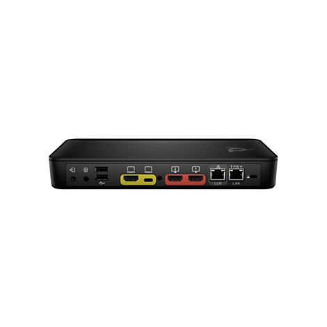 Schwarzes elektronisches Gerät mit Anschlüssen, darunter HDMI und LAN.