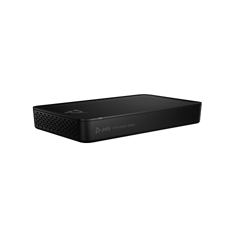 Ein schwarzes Poly Studio G62 Gerät vor weißem Hintergrund. Das Gerät hat ein sechseckiges Muster an der Seite.