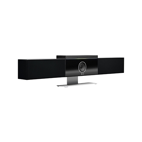 Schwarze Videokonferenz-Soundbar auf silbernem Standfuß. Mittig eine Kamera, links und rechts Lautsprechergitter.