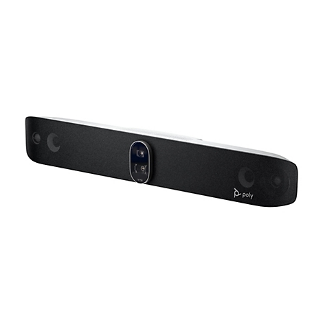 Schwarze Videokonferenz-Soundbar, mit Kamera, Lautsprecher und Mikrofon. Auf der linken Seite das Logo von poly. Auf der Kamera steht „V72“.