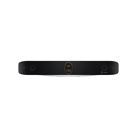 Schwarze Videokonferenz-Soundbar mit Kameras und Mikrofonen. Auf weißem Hintergrund platziert.