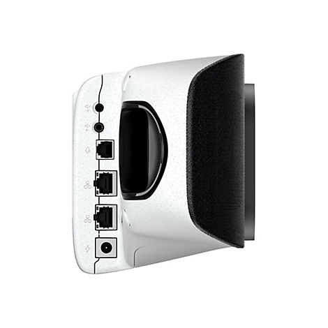 Detailaufnahme eines weißen Routers mit schwarzer Textur auf der Rückseite, der mit Anschlüssen und einer Antenne versehen ist.