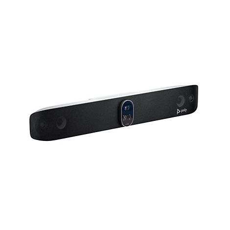 Schwarze Soundbar mit Kamera. Aufschrift "V72" und "poly".