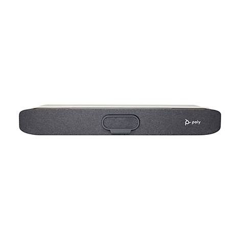 Graue Soundbar mit Griff und Poly-Logo auf weißem Hintergrund.