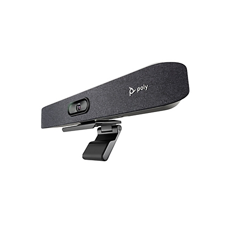 Webcam in Grau mit Objektiv, Halterung, Poly-Logo, weißer Hintergrund.