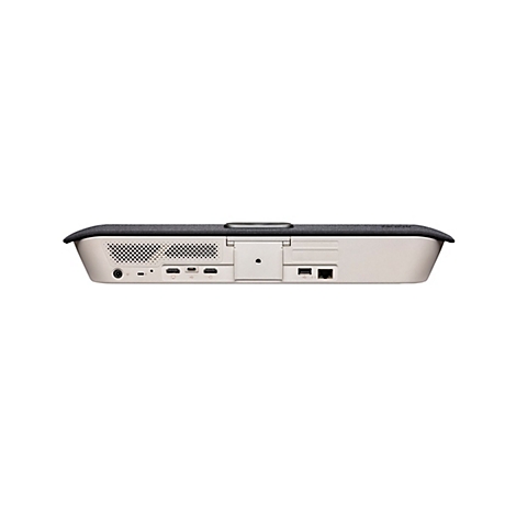 Appareil avec dessus gris et dessous beige, arrière avec ports.