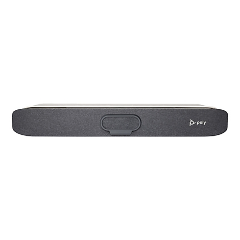 Eine rechteckige Soundbar auf weißem Hintergrund. Sie ist überwiegend grau mit einer Griffmulde in der Mitte und dem Poly-Logo rechts.