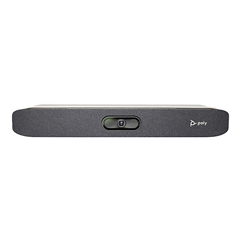 Une barre de son de vidéoconférence allongée, grise et noire, avec caméra et logo Poly sur fond blanc.