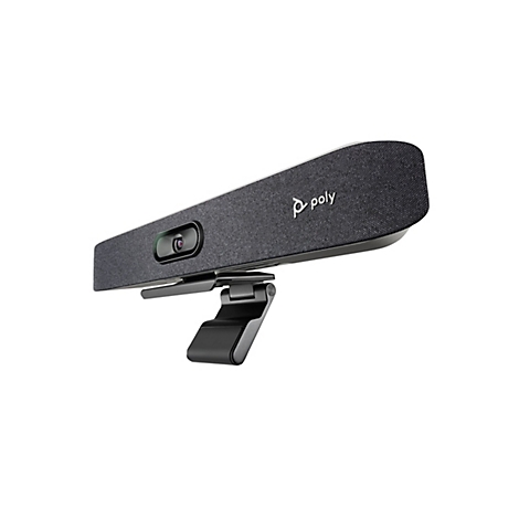 Webcam gris foncé avec support, sur fond blanc. Poly est à droite.