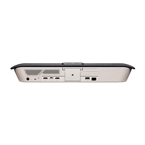 Rückansicht eines rechteckigen, cremefarbenen Geräts mit dunkelgrauer Stoffoberfläche. Es hat Anschlüsse für Audio, HDMI, USB und Ethernet.