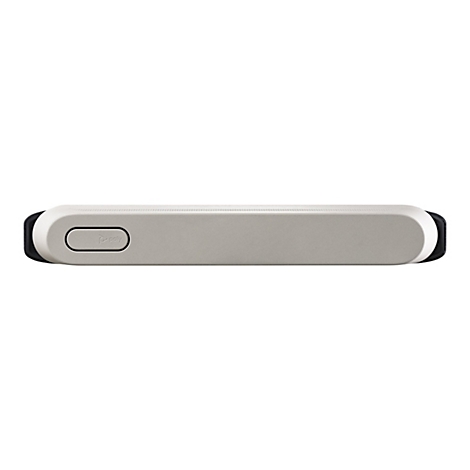 Appareil rectangulaire gris clair avec des extrémités arrondies, un bouton de commande sur la gauche avec le logo Poly.