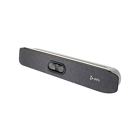 Graue Videokonferenz-Soundbar, mit Kamera und Logo, vor weißem Hintergrund.