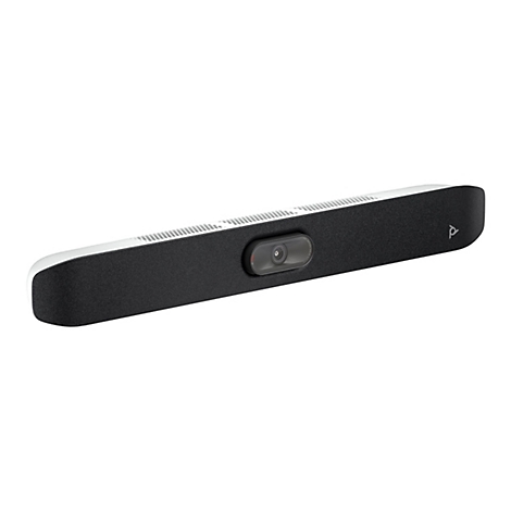 Videokonferenzsystem mit Kamera und Mikrofon in Schwarz und Weiß. Die Kamera befindet sich mittig, das Poly-Logo ist rechts.