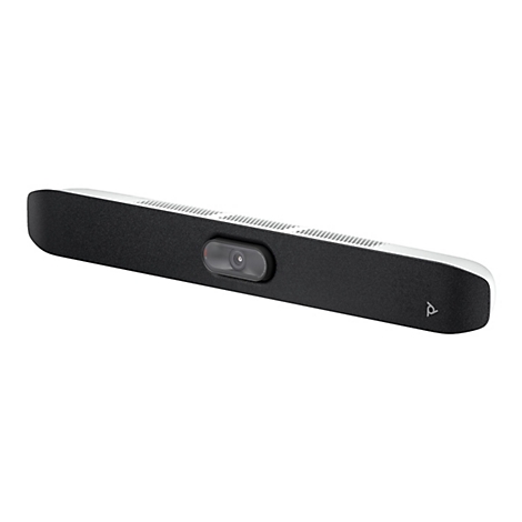 Ein schwarzes, rechteckiges Soundbar-Gerät mit integrierter Kamera. Auf weißem Hintergrund.
