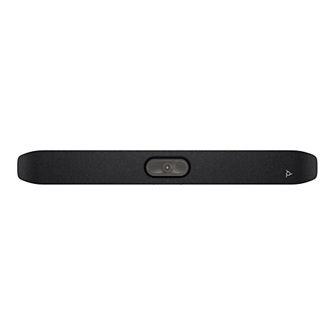 Schwarze Videokonferenz-Soundbar mit Kamera und Firmenlogo.
