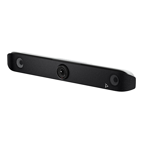 Schwarzes, längliches Videokonferenzsystem. Auf der Vorderseite befindet sich eine Linse und das Poly-Logo.