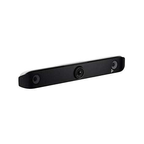Eine schwarze Videokonferenz-Soundbar mit Kamera, Lautsprechern, Mikrofonen und Poly-Logo.