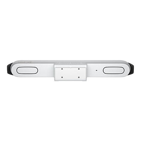 Draufsicht auf eine silberne Videokonferenz-Soundbar mit Poly-Logo. Zwei ovale Lautsprecheröffnungen, zwei Montageplatten und ein Bedienfeld.