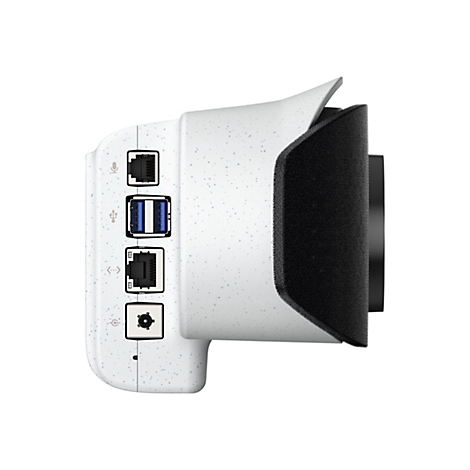 Weißes, eckiges Gerät mit verschiedenen Anschlüssen und schwarzem Schaumstoffteil. Verschiedene Anschlüsse wie USB, LAN und Strom. Auf weißem Hintergrund.