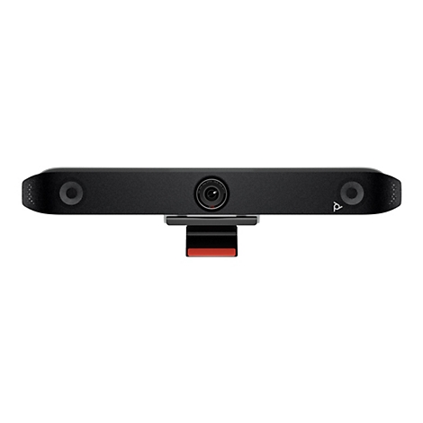 Eine schwarze Webcam mit Linse, Lautsprecher und Mikrofonen. Unten ist ein roter Streifen zu sehen.