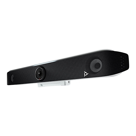 Eine Poly-Videokonferenzleiste in Schwarz und Weiß. Kamera, Lautsprecher und Mikrofon.