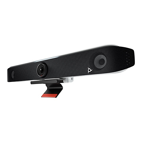 Eine schwarze Videokonferenz-Soundbar mit Kamera, auf weißem Hintergrund. Kameraobjektiv in der Mitte, Logo rechts.