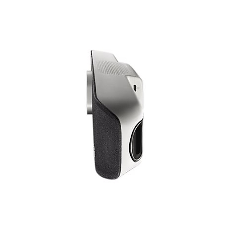 Seitenansicht eines modernen, silber-schwarzen Lautsprechers mit sichtbarem USB-C-Anschluss.